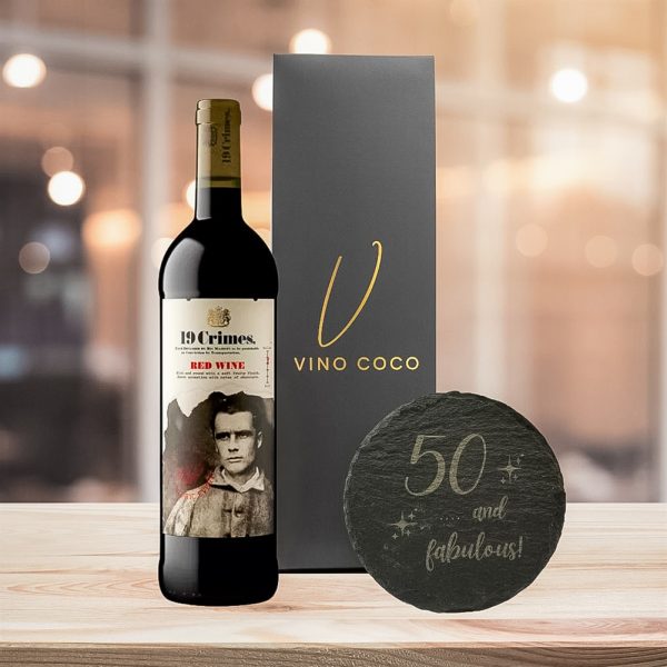19 Crimes Blanc Gift Sets with 50th Birthday Slate Coaster (Red Wine - "50 & Fabulous")