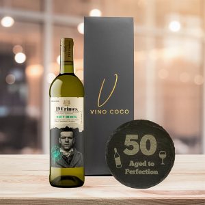 19 Crimes Gift Sets with 50th Birthday Slate Coaster (Sauvignon Blanc - "Aged to Perfection")