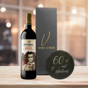 19 Crimes Gift Sets with 60th Birthday Slate Coaster (Red Wine - "60 & Fabulous")
