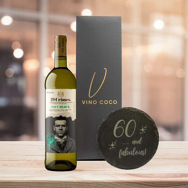 19 Crimes Gift Sets with 60th Birthday Slate Coaster (Sauvignon Blanc - "60 & Fabulous")