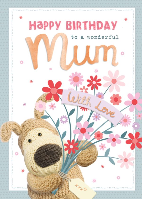 Boofle To A Wonderful Mum With Love Teddy Bear Holding Bouquet Of Flowers Birthday Card