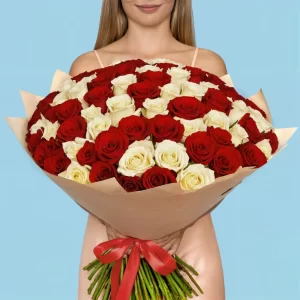 Bouquet of 100 White and Red roses