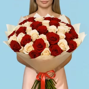 Bouquet of 50 White and Red roses