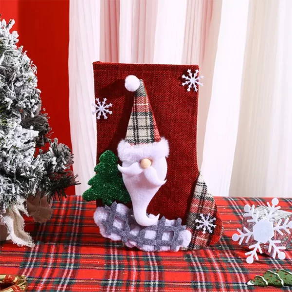 Checkered Christmas Stocking - Decorative Gift Bag for Children with Santa Claus Design, Ideal for Candy and Presents