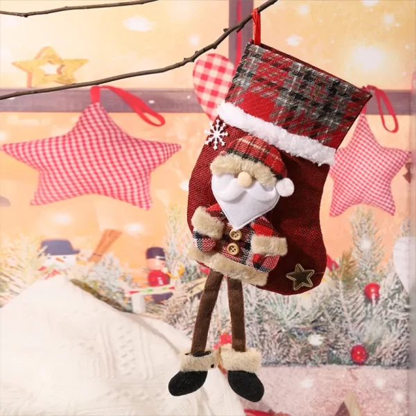 Checkered Christmas Stocking - Decorative Gift Bag for Children with Santa Claus Design, Ideal for Candy and Presents