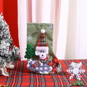 Checkered Christmas Stocking - Decorative Gift Bag for Children with Santa Claus Design, Ideal for Candy and Presents