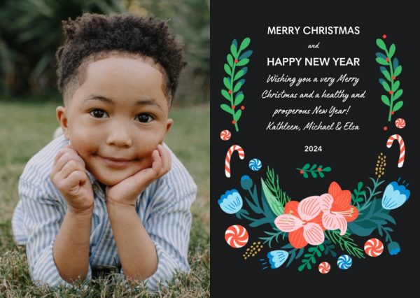 Christmas Bouquet 7x5" (18x13cm) Folded Greeting Cards, Card & Stationery Black