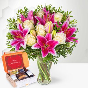 Festive Pink Lilies & Roses & Wine Gift