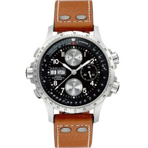 Hamilton Khaki Aviation X-Wind Automatic Chronograph Black Dial Brown Leather Strap Mens Watch H77616533