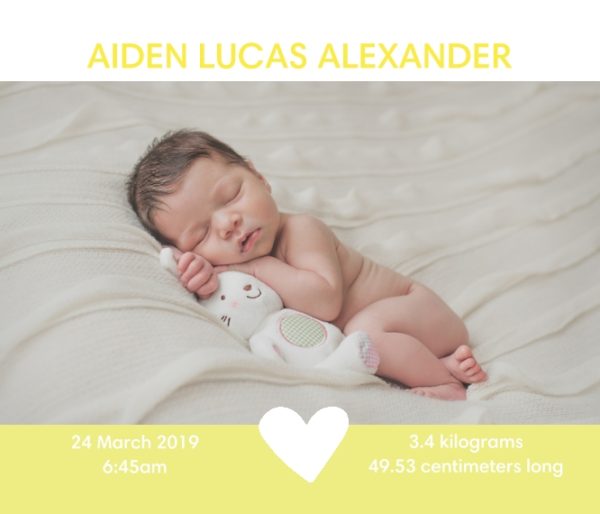 Heart Newborn Announcement 8x9" Personalised Mouse Mat (20x23cm), Gifts Yellow