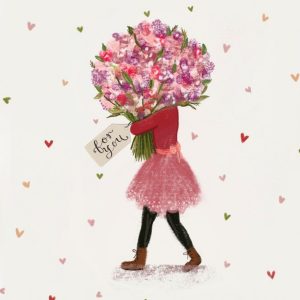 Just Eat Illustration Of A Woman With A Large Bouquet Of Flowers Just To Say Card