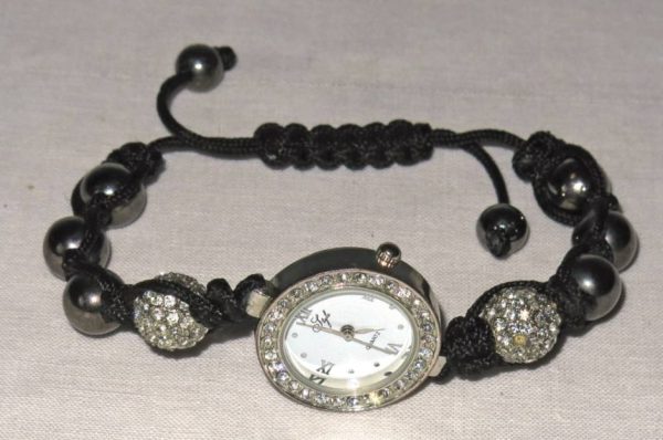 Ladies 'style' Bejewelled Quartz Watch With Beaded Pull Cord Bracelet.