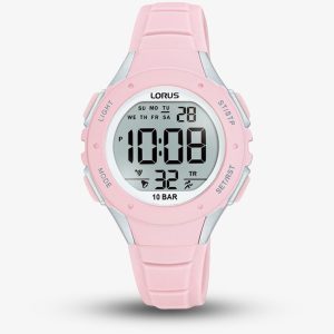 Lorus Ladies Digital On Time Digital Pink Rubber Strap Watch R2367PX9