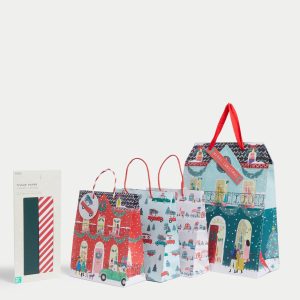 M&S Christmas Gift Bags & Tissue Paper Pack - Houses Design