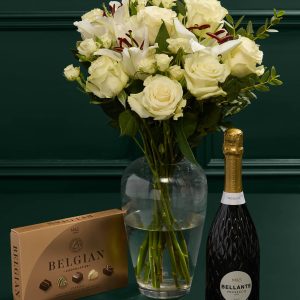 M&S White Rose & Lily Bouquet with Belgian Classics & Bellante Prosecco