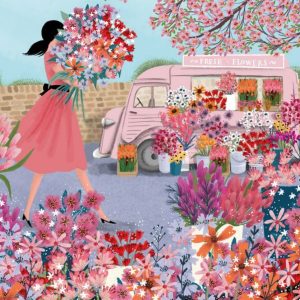Moonpig Beautiful Illustration Of A Lady Buying A Bouquet Of Flowers From A Pink Florist Van Birthday Card