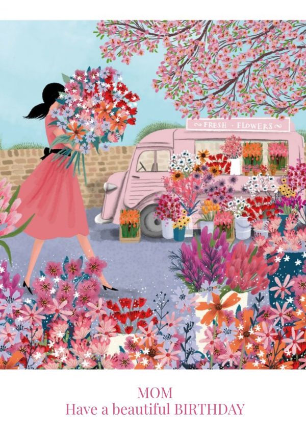 Moonpig Beautiful Illustration Of A Lady Buying A Bouquet Of Flowers From A Pink Florist Van Birthday Card