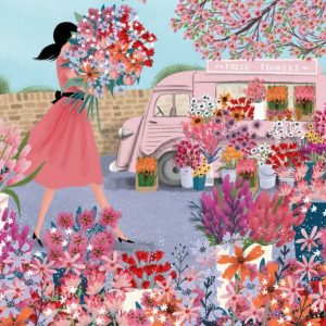 Moonpig Beautiful Illustration Of A Lady Buying A Bouquet Of Flowers Mum's Birthday Card