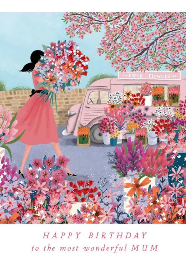 Moonpig Beautiful Illustration Of A Lady Buying A Bouquet Of Flowers Mum's Birthday Card