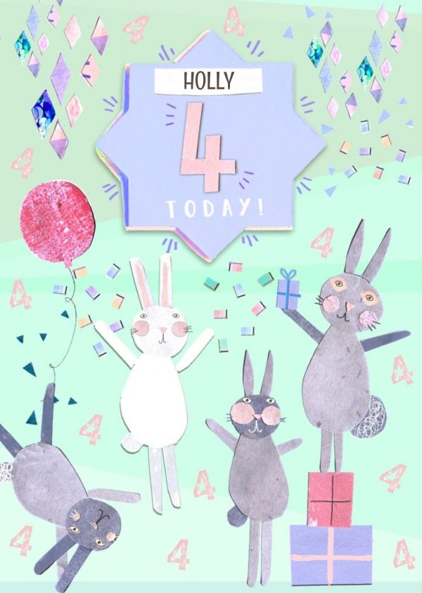 Moonpig Bunnies, Confetti And Gifts Personalised Happy 4th Birthday Card