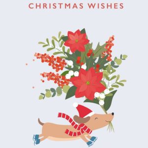 Moonpig Cute Dog Running On Ice Skates With A Large Bouquet Of Festive Flowers Illustration Christmas Card