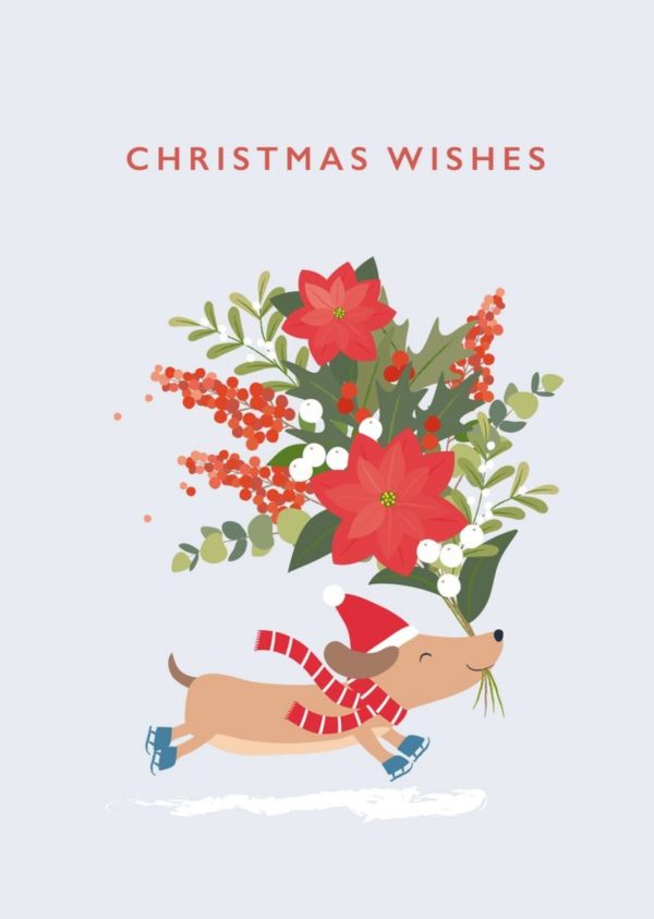 Moonpig Cute Dog Running On Ice Skates With A Large Bouquet Of Festive Flowers Illustration Christmas Card