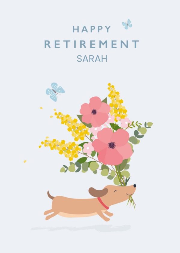 Moonpig Cute Dog Running With A Flower Bouquet Personalised Happy Retirement Card