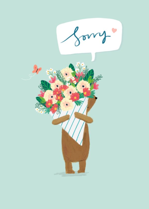 Moonpig Cute Illustrated Bear With Flower Bouquet Sorry Card