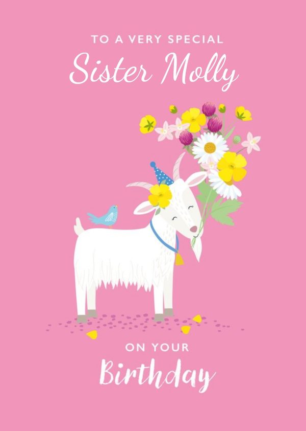 Moonpig Cute Illustrated Goat With Bouquet Birthday Card