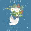 Moonpig Dove With A Large Bouquet Of Festive Flowers Illustration Joyous Christmas Card