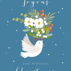Moonpig Dove With A Large Bouquet Of Festive Flowers Illustration Joyous Christmas Card