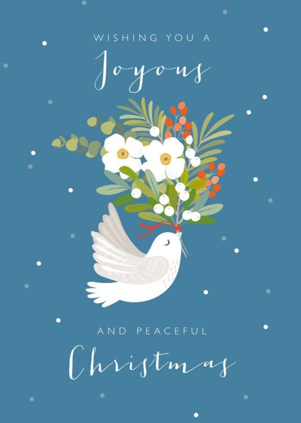 Moonpig Dove With A Large Bouquet Of Festive Flowers Illustration Joyous Christmas Card