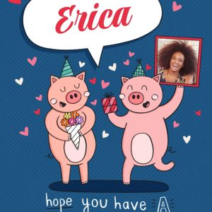 Moonpig Fun Illustration Of A Pig Gifting Presents To The Other Fiancée's Photo Upload Birthday Card