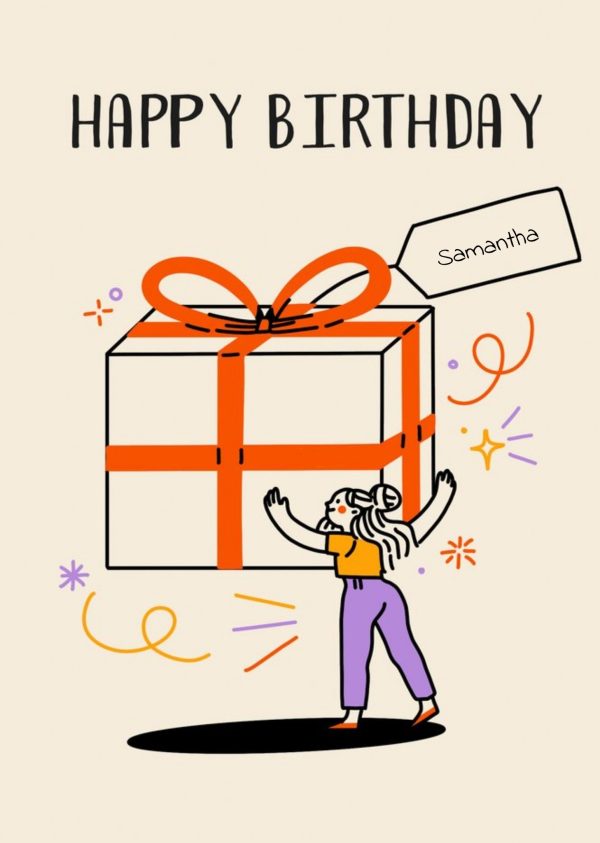Moonpig Illustrated Character With Large Gift Box Customisable Birthday Card
