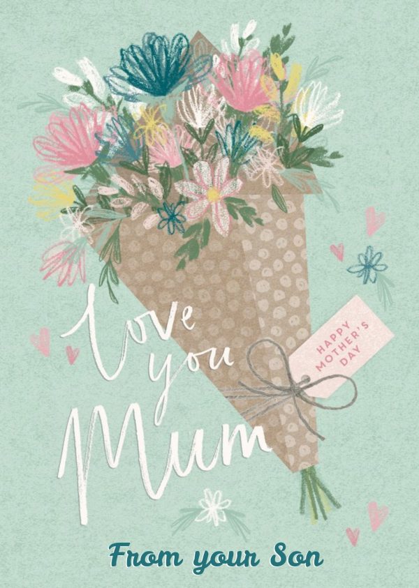 Moonpig Illustrated Flower Bouquet Love You Mum From Your Son Mother's Day Card
