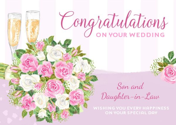 Moonpig Illustrated Wedding Bouquet And Champagne Customisable Wedding Congratulations Card