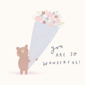 Moonpig Illustration Of A Bear Holding A Large Bouquet Of Flowers Mother's Day Card