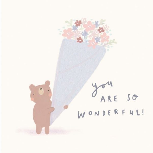 Moonpig Illustration Of A Bear Holding A Large Bouquet Of Flowers Mother's Day Card