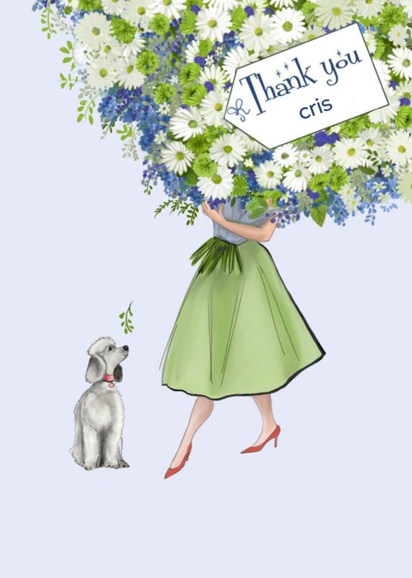 Moonpig Illustration Of A Lady With A Large Bouquet Of Flowers Thank You Card