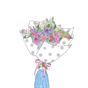 Moonpig Illustration Of A Woman With A Large Bouquet Of Flowers Thinking Of You Card