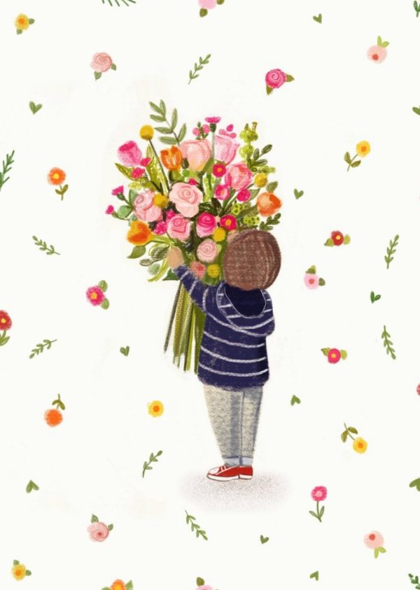 Moonpig Love Lucy Illustration Character With Floral Bouquet Card
