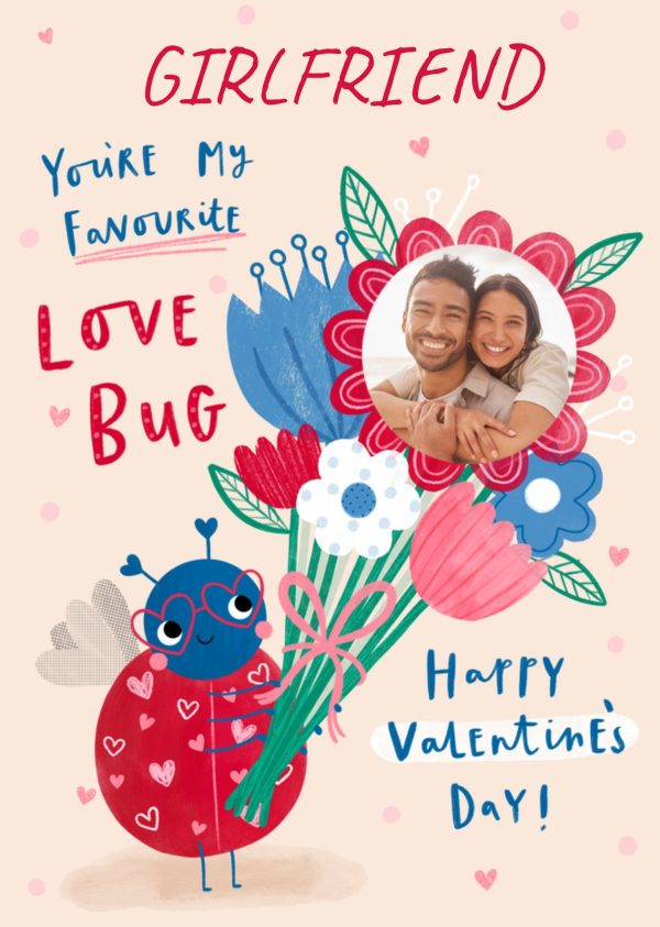 Moonpig You're My Favourite Love Bug Illustrated Ladybird With A Bouquet Of Flowers Happy Valentine's Day Card