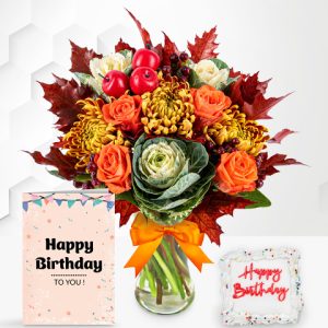 October Bouquet with Birthday Cake & Card