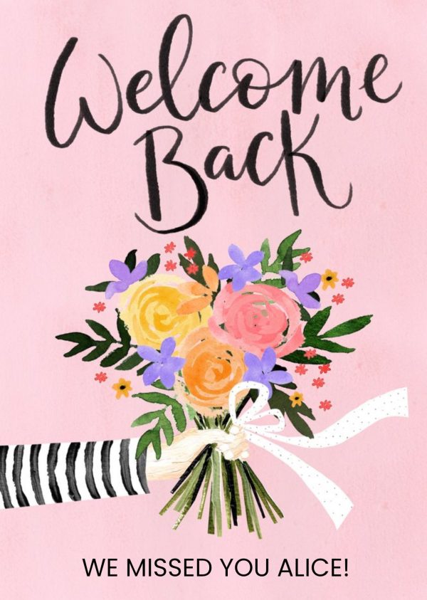 Okey Dokey Design Illustration Of A Bouquet Of Flowers On A Pink Background Welcome Back Card