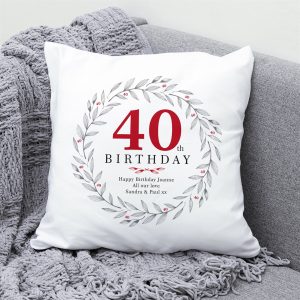 Personalised 40th Birthday Cushion - White, Red And Grey Cotton - 45x45cm - A Perfect, Heartwarming Gift For This Milestone Birthday