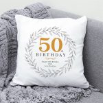 Personalised 50th Birthday Cushion - White, Yellow And Grey Cotton - 45x45cm - A Lovely Gift To Display In Any Room Of The Home