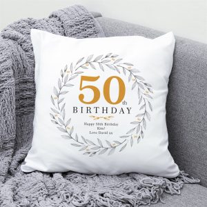 Personalised 50th Birthday Cushion - White, Yellow And Grey Cotton - 45x45cm - A Lovely Gift To Display In Any Room Of The Home