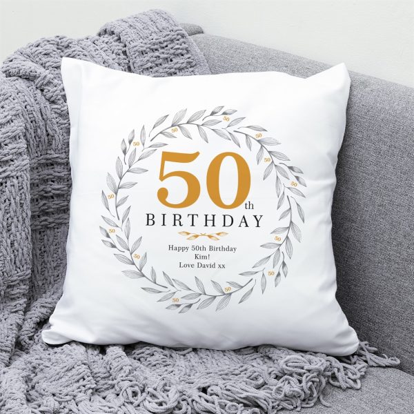 Personalised 50th Birthday Cushion - White, Yellow And Grey Cotton - 45x45cm - A Lovely Gift To Display In Any Room Of The Home