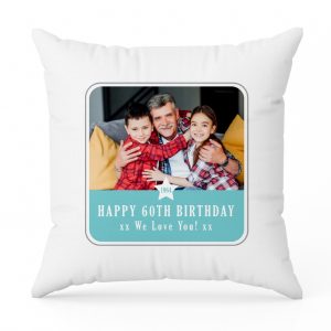 Personalised 60th Birthday Blue Photo Upload Cushion - White Cotton - 45x45cm - It The Perfect Birthday Gift