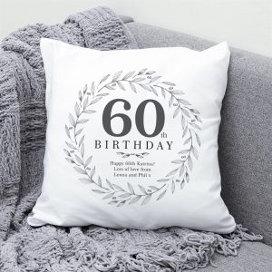 Personalised 60th Birthday Cushion - White And Black Cotton - 45x45cm - A Wonderful Gift For That Special Someone On Their 60th Birthday